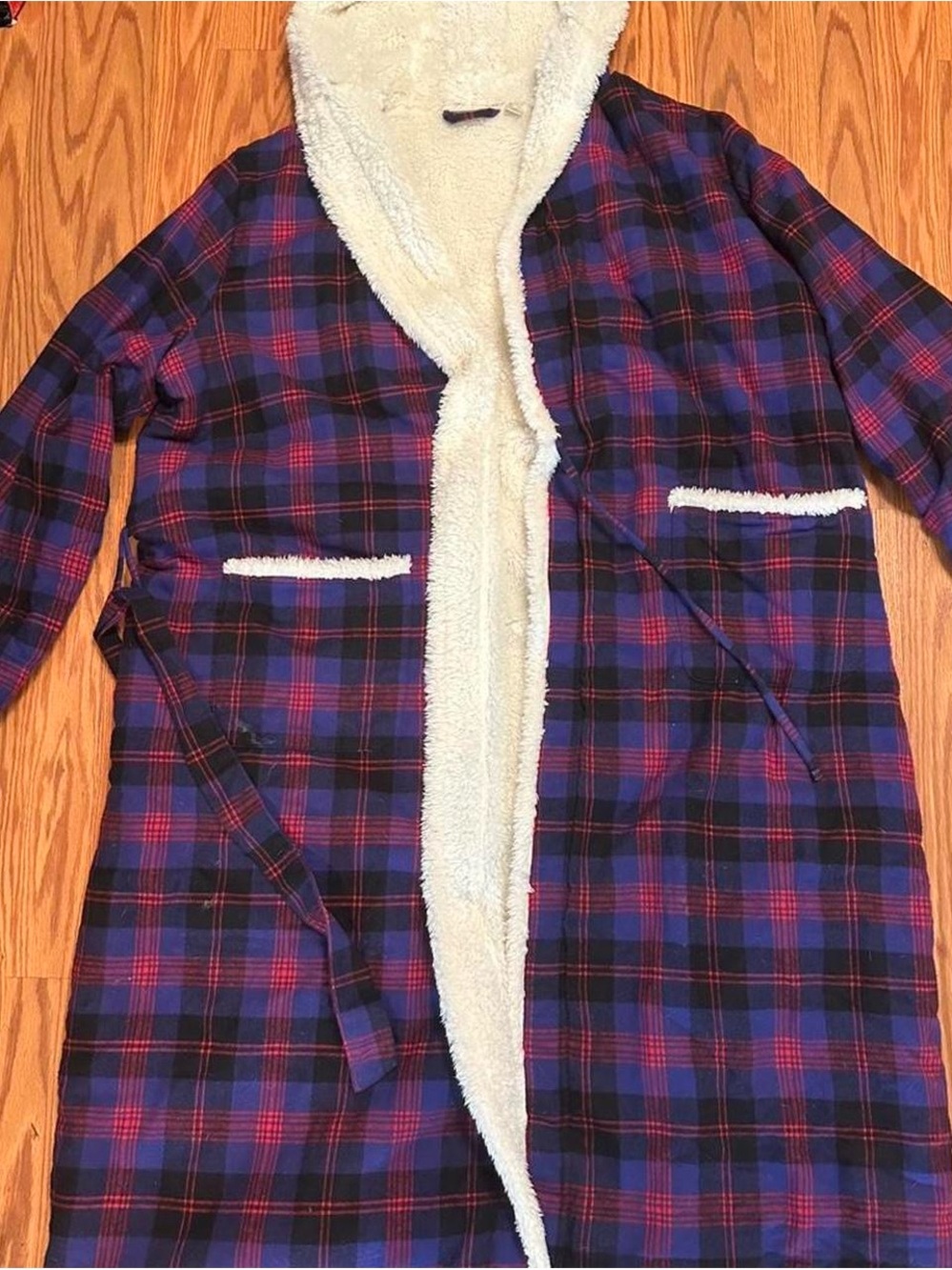 Plaid Sherpa-Lined Hooded Robe - Blue & Red